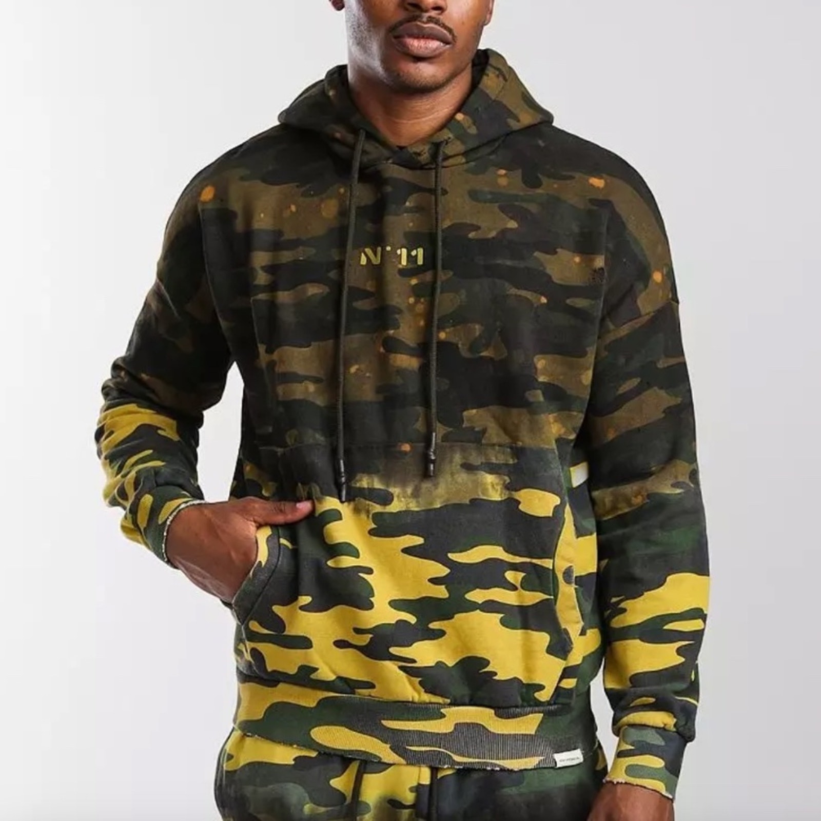 Eleven Paris Men's Acid Green Camo Distressed Hoodie Sweatshirt Size L $170